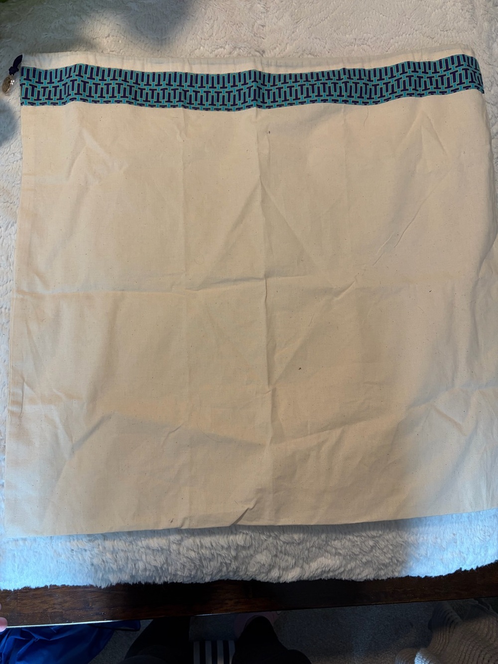 Tory Burch Large Cream Canvas Dust Bag with Teal Trim Drawstring Closure Storage